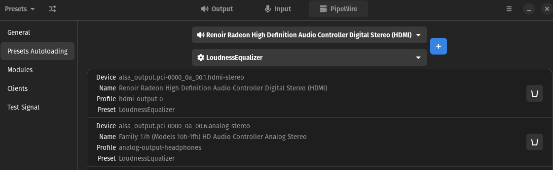 PipeWire Autoload Preset for my two audio devices.