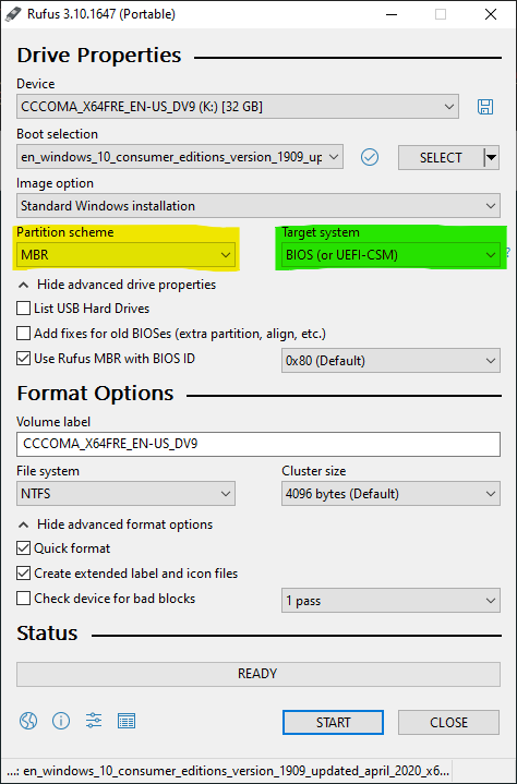 Rufus set with MBR + BIOS