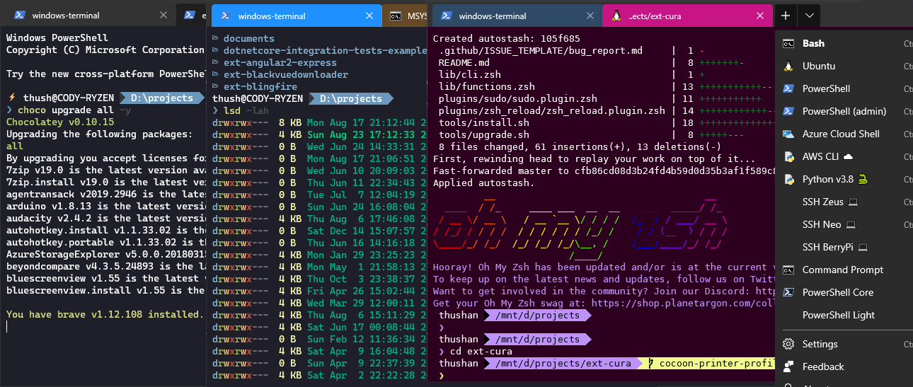 Windows Terminal with elevated Powershell, Powershell & WSL prompts.