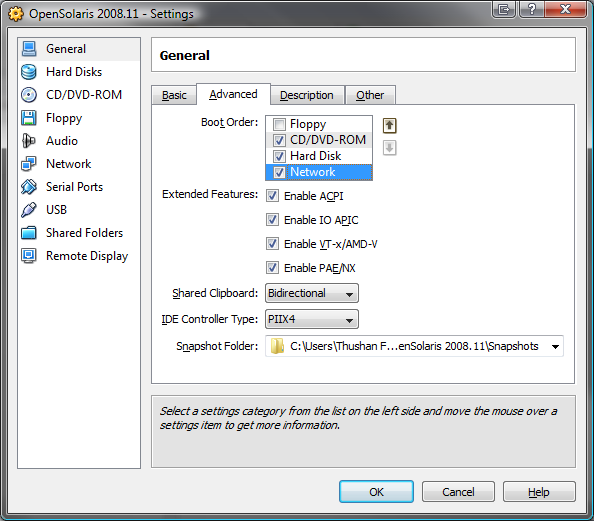 OpenSolaris VirtualBox Settings